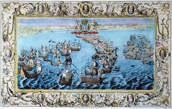 SPANISH ARMADA, 1588. Two battles between the English Royal Navy and the Spanish Armada. Left: The Spanish galleon San Salvador is set on fire and captured by the English. Right: battle off the Isle of Portsmouth. Line engraving with portraits of English commanders along the border, 1739