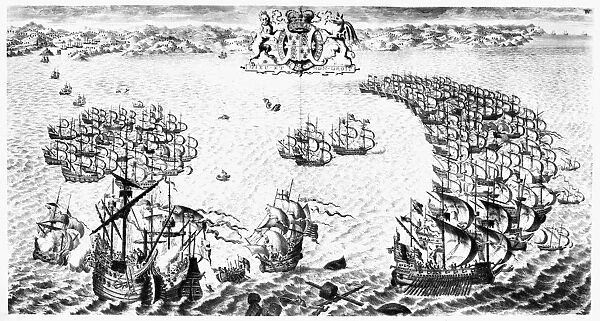 SPANISH ARMADA, 1588. DeValdezs Galleon springs her foremast and is taken by Sir Francis Drake. The Lord Admiral with the Bear and Mary Rose pursue the enemy who are in the form of a half moon. The defeat of the Spanish Armada, the Fourth Day. Line engraving, English, 1739