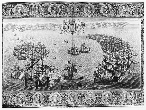SPANISH ARMADA, 1588. DeValdezs Galleon springs her foremast and is taken by Sir Francis Drake. The Lord Admiral with the Bear and Mary Rose pursue the enemy who are in the form of a half moon. The defeat of the Spanish Armada, the Fourth Day. Line engraving by John Pine from The Tapestry Hangings of the House of Lords, published in 1739