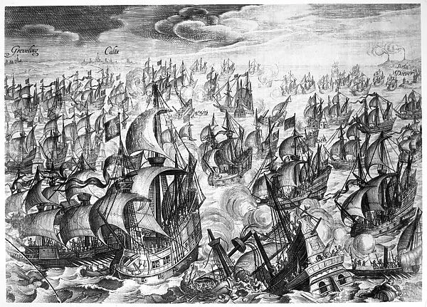 SPANISH ARMADA, 1588. The Spanish Armada fighting against the English Royal Navy, 1588. Line engraving, c1615