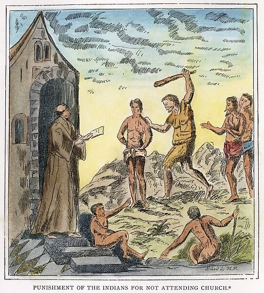 SPANISH CRUELTY, 1600. A Spaniard flogging native Indians for failing to attend church