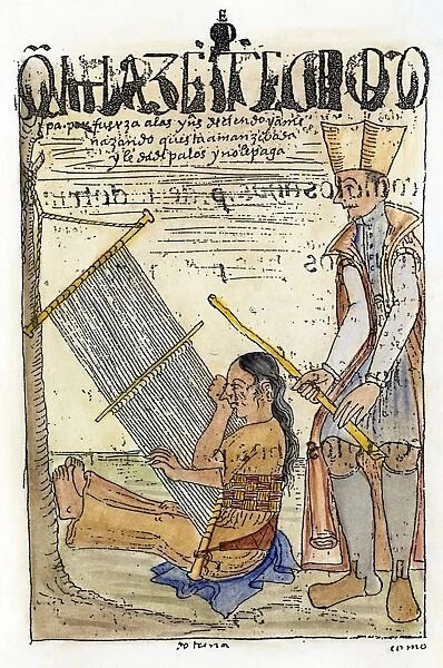 SPANISH CRUELTY. A young Incan woman weeping as a Spanish nobleman beats her for