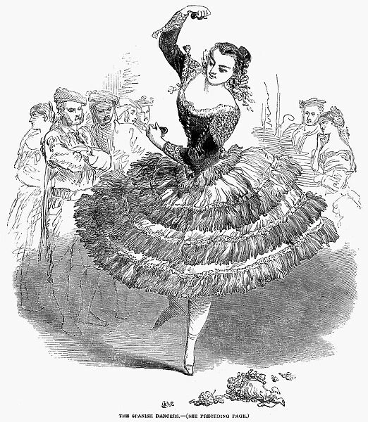 SPANISH DANCERS, 1851. Spanish dancers performing at Her Majestys Theatre in London, England. English wood engraving, 1851