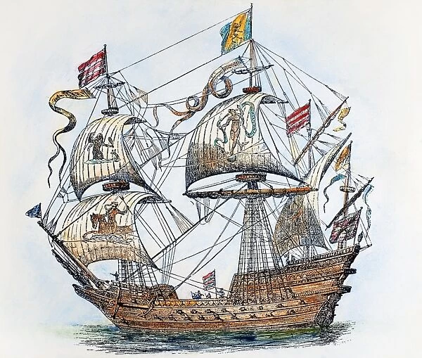 SPANISH GALLEON, 1588. A galleon from the Spanish Armada of 1588. Wood engraving, 19th century, after a contemporary drawing
