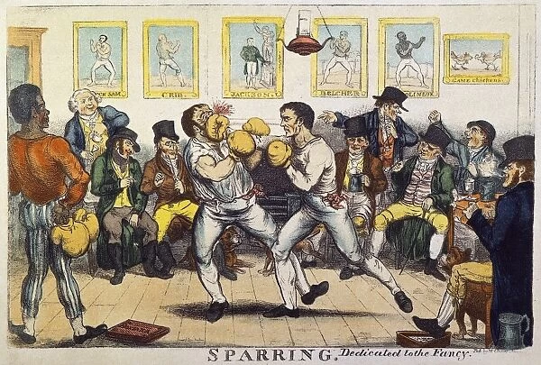Sparring, a colored etching, probably by George Cruikshank, of an early 19th century English boxing match