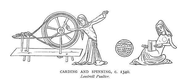 SPINNING, c1340. Women carding and spinning wool