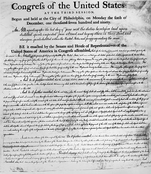 SPIRITS DUTIES ACT, 1791. First page of an act of Congress, 6 December 1791, repealing