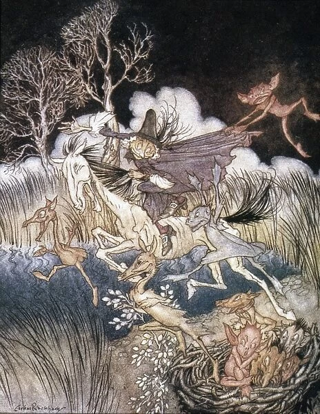 SPIRITS IN SLEEPY HOLLOW. Watercolor by Arthur Rackham for Washington Irvings The Legend of Sleepy Hollow, 1928