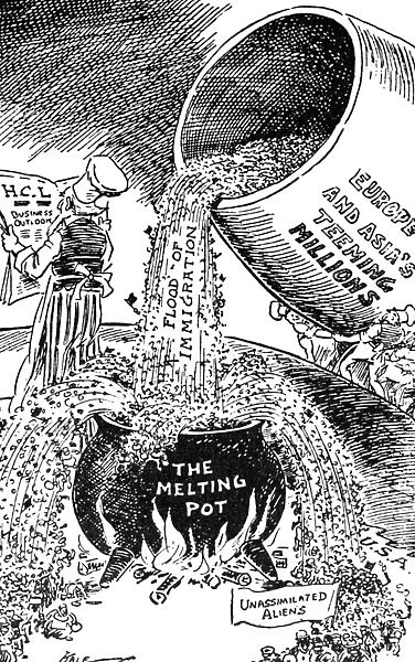 Spoiling the Broth. American cartoon, 1921, critical of the arrival of so many immigrants that a great number failed to become assimilated into the national melting pot