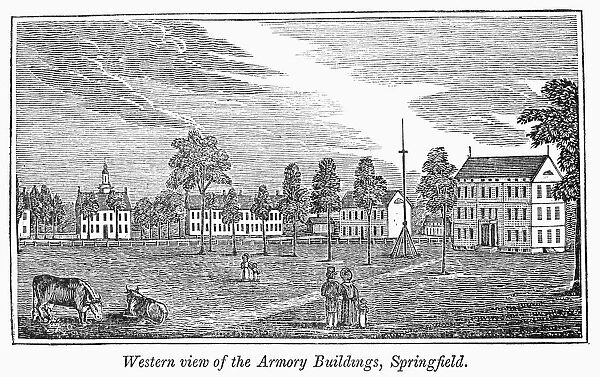 SPRINGFIELD, 1839. Western view of the Armory buildings, Springfield, Masachusetts. Wood engraving, 1839