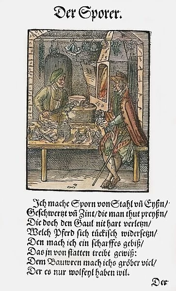 SPUR MAKER, 1568. A maker of spurs and bits in his workshop