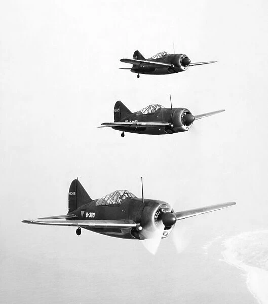 A squadron of Brewster F2A Buffalo fighter planes undergoing flight tests, 1941