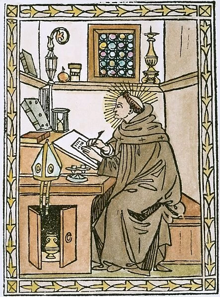 ST. AUGUSTINE (354-430). In his study. Woodcut from his Soliloquii, Florence, 1491