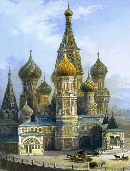 ST. BASILs CATHEDRAL. St. Basils Cathedral in Moscow. Hand-colored etching and aquatint, French, 1842