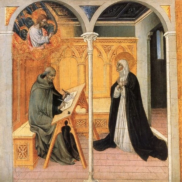 ST. CATHERINE OF SIENA Dictating Her Dialogues to Raymond of Capua. Painting by Giovanni di Paolo, 15th century