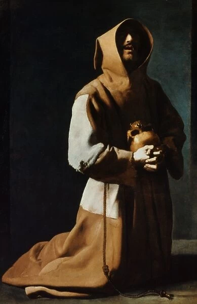 ST FRANCIS OF ASSISI. St Francis of Assisi (1182-1226) in Meditation: oil on canvas, c1639, by Francisco de Zurbaran