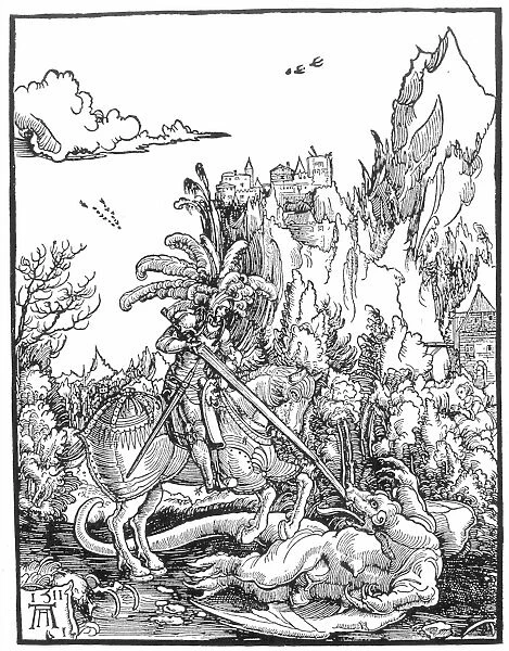 ST. GEORGE AND THE DRAGON. German woodcut, 1511, by Albrecht Altdorfer