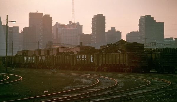 ST. LOUIS: FREIGHT YARD. Twilight view of a freight yard in St. Louis, Missouri. Photographed c1974