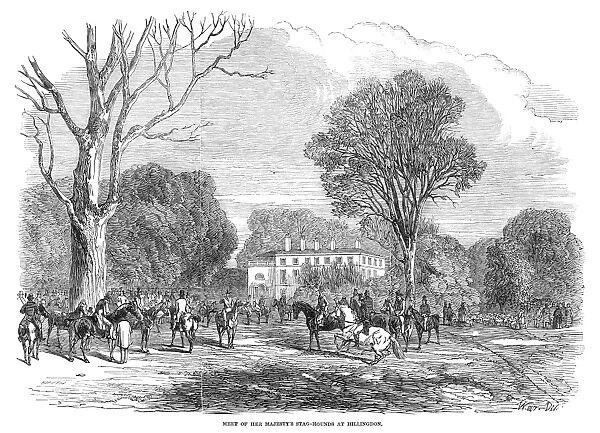 STAG HUNTING, 1848. Meet of Her Majestys Stag-Hounds at Hillingdon. Engraving