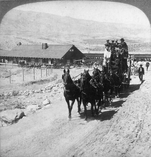 STAGECOACH, c. 1875. A stagecoach somewhere in the American West: stereograph, c. 1875