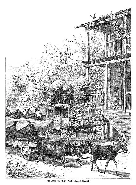 STAGECOACH AT TAVERN, 1880. Village tavern and stagecoach in western North Carolina