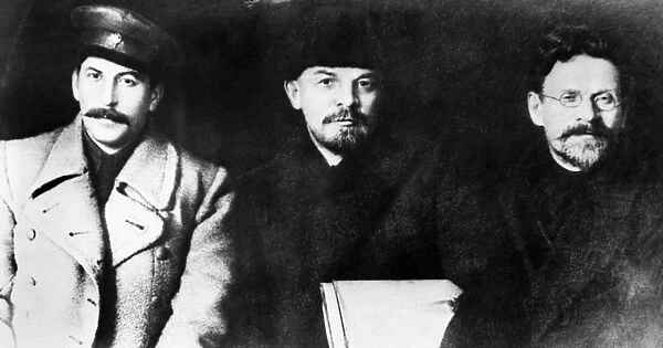 STALIN, LENIN & KALININ, 1919. Communist leaders Joseph Stalin, Vladimir Lenin and Mikhail Ivanovich Kalininy, photographed at the 8th Congress of the Russian Communist Party, 18-23 March 1919