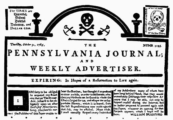 STAMP ACT, 1765. Banner of the Pennsylvania Journal, 31 October 1765, with a