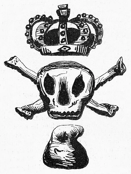 STAMP ACT, 1765. Emblem, attributed to Paul Revere, suggesting that all was death between the crown of England and the liberty (the phrygian cap)
