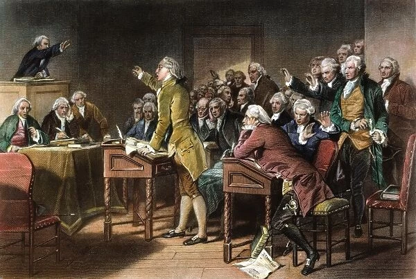 STAMP ACT: PATRICK HENRY. Patrick Henry speaking out against the Stamp Act in the Virginia House of Burgesses in 1765: colored engraving, 19th century