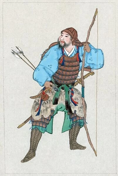 A standing samurai wearing armor that holds his arrows and sword, grasping a bow in his left hand. Ink drawing with colors, from the Military Arts series, c1878