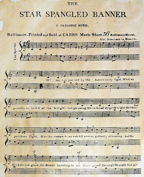 STAR SPANGLED BANNER, 1814. The first page of the first printed sheet music edition of Francis Scott Keys The Star Spangled Banner, Baltimore, 1814. Note the misprint in the subtitle