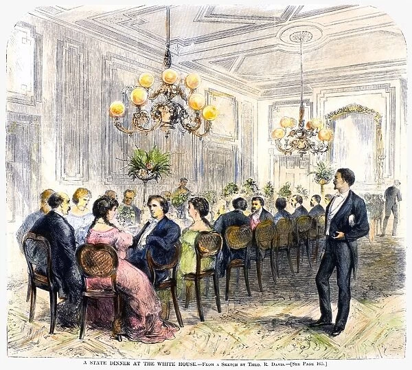 A state dinner at the White House, Washington, D. C. for members of the diplomatic corps, the Cabinet, and the U. S. Congress, during the administration of President Ulysses S. Grant. Wood engraving, American, 1870