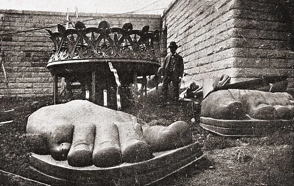 STATE OF LIBERTY: FEET. Toes and base of the torch of the Statue of Liberty before assemblage at Bedloes Island (later Liberty Island), 1865