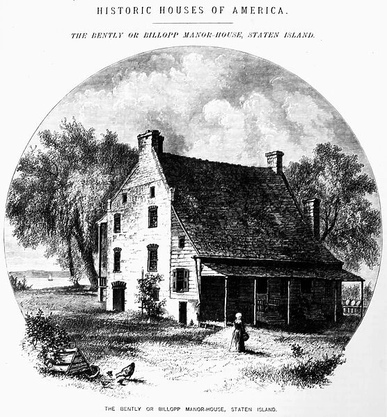 STATEN ISLAND: MANOR. The Bentley Manor, built before 1680 near the southernmost tip of Staten Island. In 1776, an unsuccessful attempt was made here to end the Revolutionary War, hence the name Conference House. Wood engraving, American, 1874