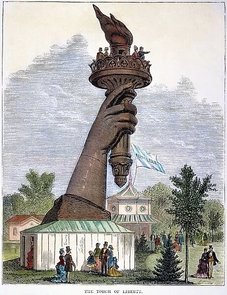 STATUE OF LIBERTY, 1876. The hand of the Statue of Liberty exhibited at the 1876 Philadelphia Centennial Exposition: wood engraving from a contemporary American newspaper