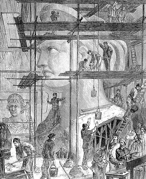 STATUE OF LIBERTY, 1878. Modeling the head of the Statue of Liberty in the Monduit and Bechet workshop at Paris, France. Wood engraving from a French newspaper of 1878