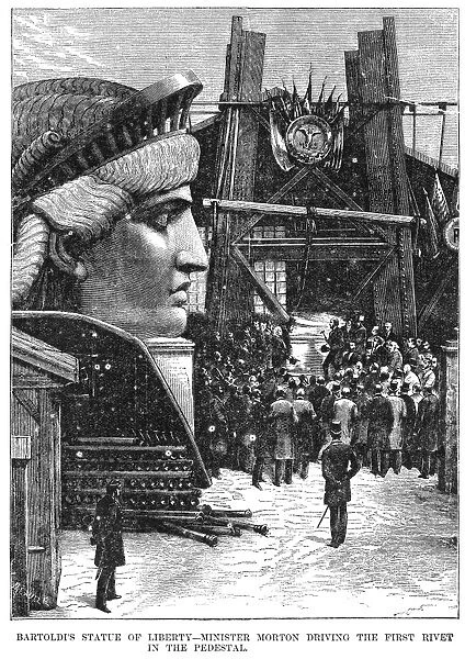 STATUE OF LIBERTY, 1881. Levi Morton, U. S. Minister to France, driving the first rivet into the Statues pedestal, at Paris, 24 October 1881. Wood engraving, American, 1881