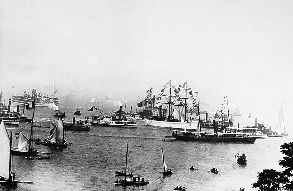 STATUE OF LIBERTY, 1885. The arrival of the ship L Isre (white) carrying the Statue of Liberty from France to Bedloe Island in New York Harbor, 19 June 1885. Photograph taken from the top of the unfinished pedestal