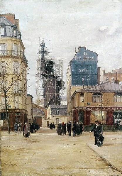 STATUE OF LIBERTY, c1884. Statue of Liberty in scaffold outside the Foundry, Rue de Chazelles, Paris, France. Oil on canvas, c1884, by Victor Dargaud
