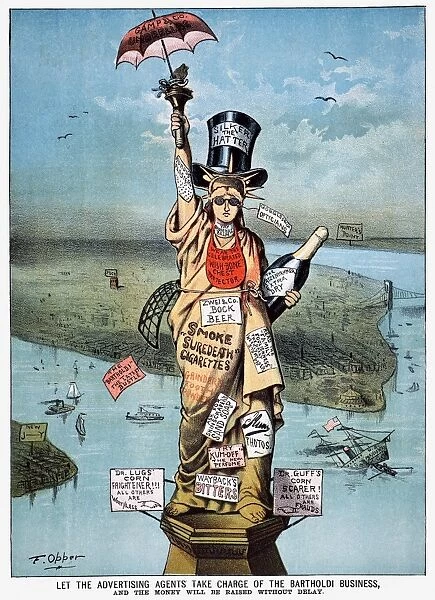STATUE OF LIBERTY CARTOON. Letting the Statue of Liberty Earn its Construction Costs Through Advertising. American cartoon, 1885, by Frederick Burr Opper