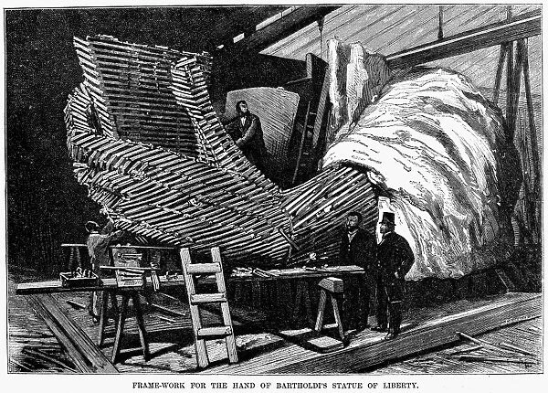 STATUE OF LIBERTY. Framework for the hands of Bartholdis statue. Wood engraving, 1883