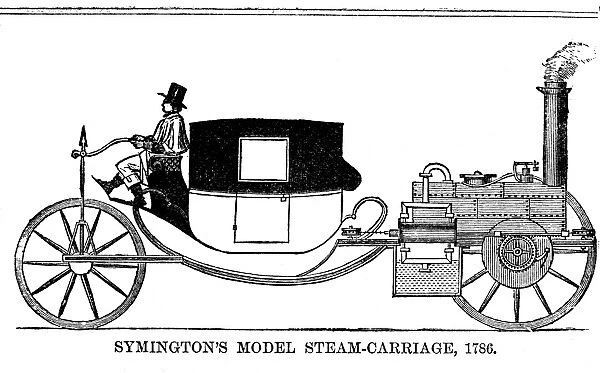 STEAM CARRIAGE, 1786. William Symingtons carriage propelled by a steam engine, 1786. Line engraving, 19th century
