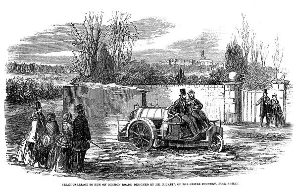 STEAM CARRIAGE, 1860. A three-wheeled carriage propelled by a steam engine, designed by Mr. Rickett of the Castle Foundry, Buckingham, England, 1860. Contemporary English wood engraving
