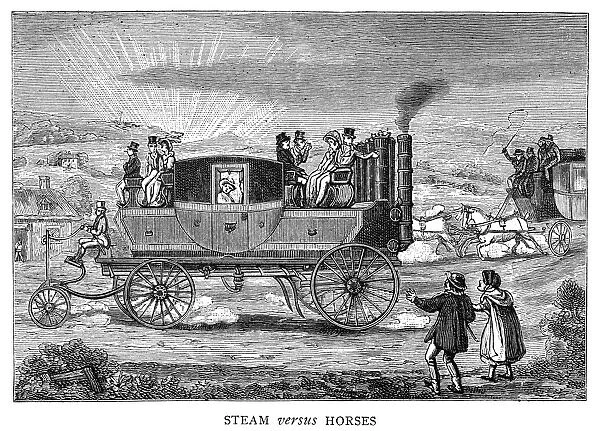 STEAM CARRIAGE. Steam versus Horses. English caricature comparing the ease of