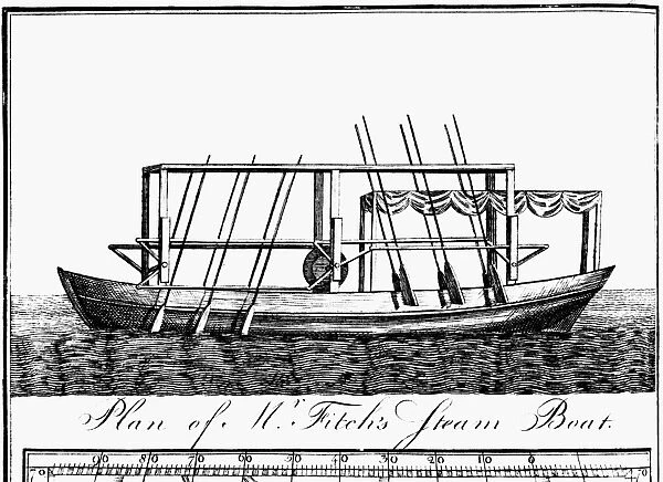 STEAMBOAT PLAN. Broadside view of John Fitchs design for a ferry boat with steam-driven oars. Copper engraving, American, 1786