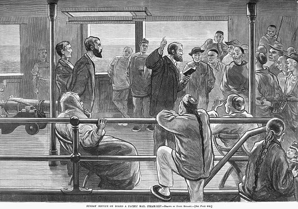 STEAMSHIP, 1877. Sunday service on board a Pacific Mail steamship. Engraving, 1877