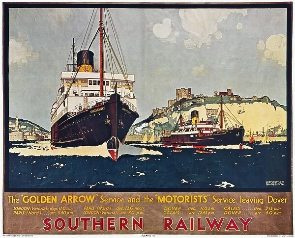 STEAMSHIP TRAVEL POSTER. English poster, 1932, for Southern Railway advertising the Dover-Calais crossing of the English channel