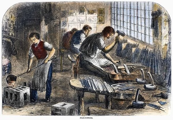 STEEL FACTORY, 1866. File cutting at a steel factory in Sheffield, England. Wood engraving, English, 1866