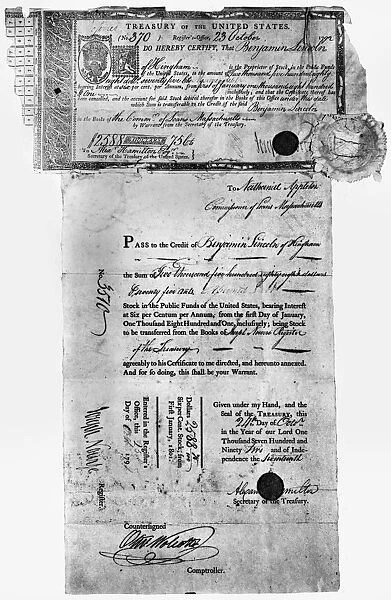 STOCK CERTIFICATE, 1792. A share of stock and a certificate of ownership issued