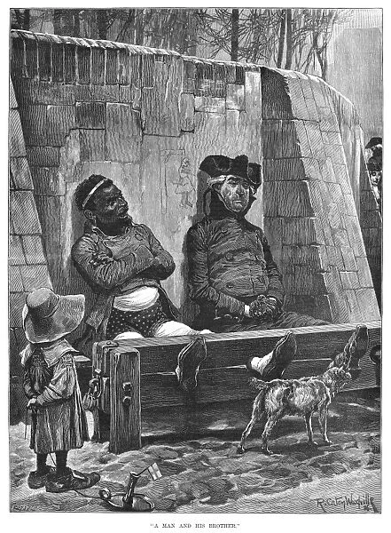 STOCKS, 1886. A man and his brother. Engraving, 1886